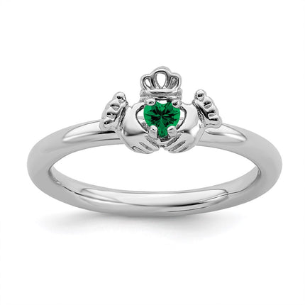 Sterling Silver Stackable Expressions Rhd. Cr. Emerald Claddagh Ring | QSK1947 ,