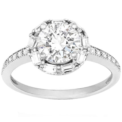 Classic Women's Silver Halo Style White CZ Ring - W-9895 ,