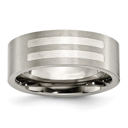 Titanium Flat 8mm Sterling Silver Inlay Brushed Band | TB370 ,