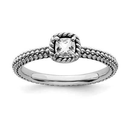 Sterling Silver Stackable Expressions Checker-cut White Topaz Antiqued Ring | QSK745 ,