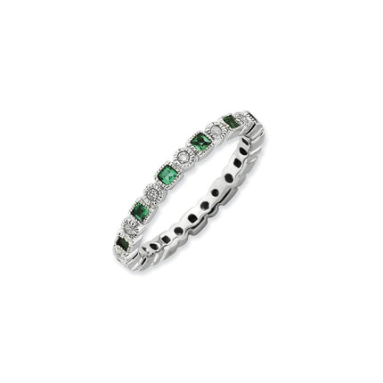 Sterling Silver Stack Exp Polished Created Emerald & Diamond Ring | QSK804 ,