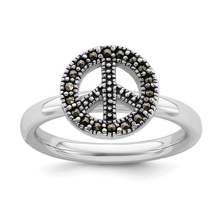 Sterling Silver Stackable Expressions Marcasite Peace Sign Ring | QSK813 ,