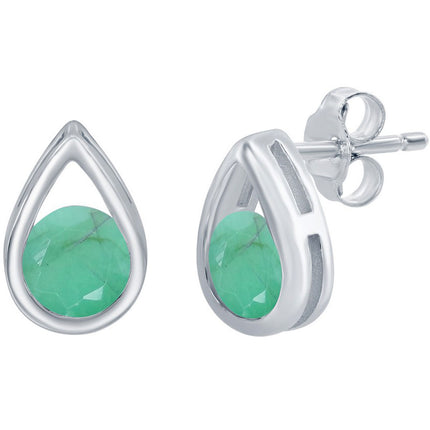 Classic Women's Earrings - Silver Pearshaped with Round Emerald Gemstone Stud | D-8163 ,
