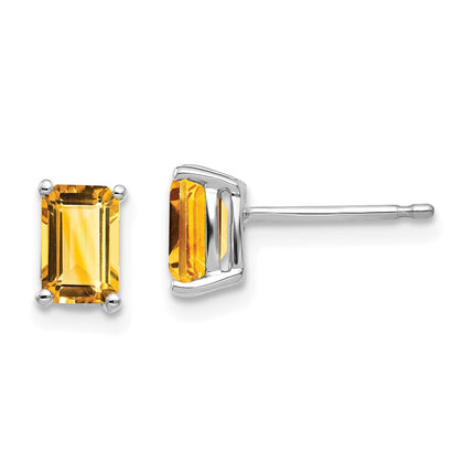14k White Gold 6x4mm Emerald Cut Citrine Earrings ,