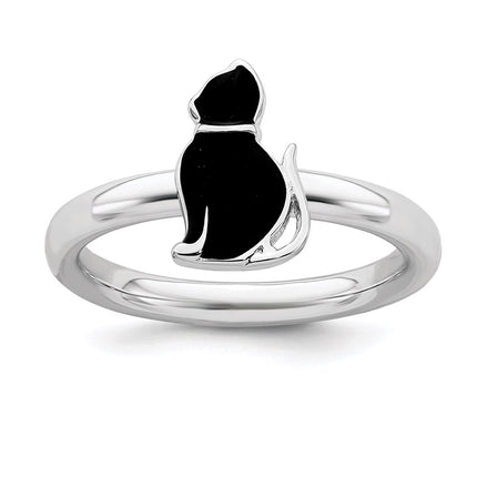 Sterling Silver Stackable Expressions Black Enameled Cat Ring | QSK558 ,