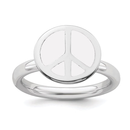 SS Stackable Expressions Polished White Enameled Peace Sign Ring | QSK125 ,