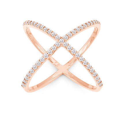 Sterling Silver Rose Gold Plated CZ X Style Ring - W-9948 ,