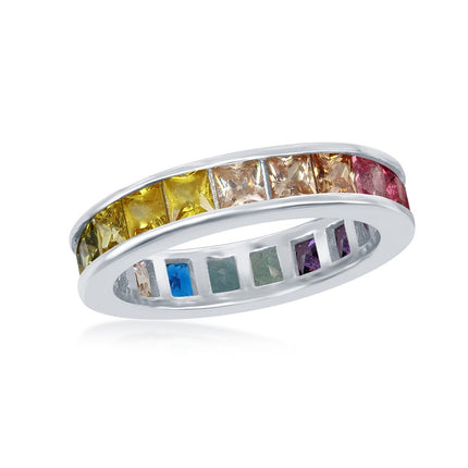 Sterling Silver Channel Set Rainbow CZ Band Ring - W-2130 ,