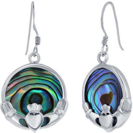 Classic Women's Earrings - Sterling Silver Abalone Round Claddagh French Wire | D-8045 ,