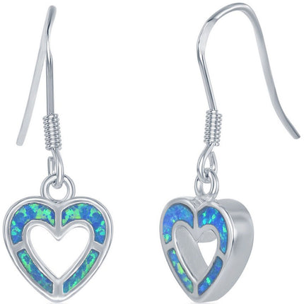 Women's Earrings - Sterling Silver Blue Inlay Opal Open Heart Shape | D-3848 ,
