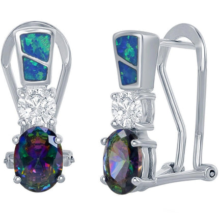 Women's Earrings - Blue Inlay Opal with Round and Oval Shaped CZ | D-5009 ,