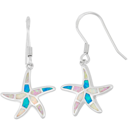 Women's Earrings - Sterling Silver Multicolored Inlay Opal Starfish | D-5896 ,