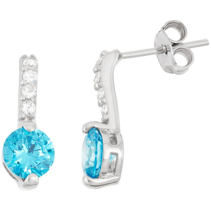 Classic Women's Earrings - Sterling Silver Thin Bar with Round Light Blue CZ | D-5946 ,