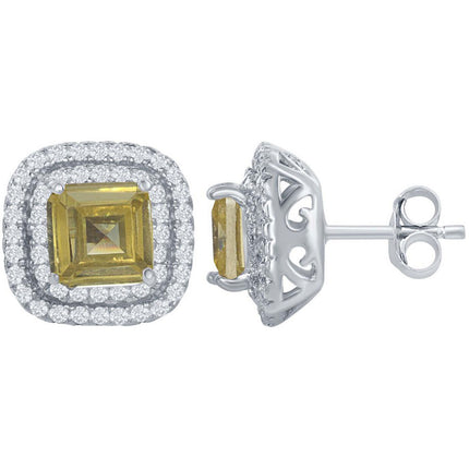 Classic Women's Earrings - Double Border with Center Yellow CZ Square Stud | D-6768 ,