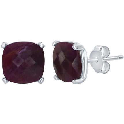 Classic Women's Earrings - Sterling Silver July Birthstone Ruby Square Stud | D-6820 ,