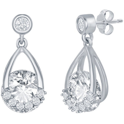Classic Women's Earrings - Sterling Silver Pearshaped Round Spinning White CZ | D-7627 ,