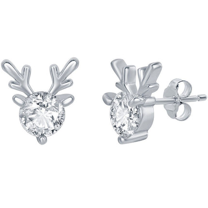 Classic Women's Earrings - Sterling Silver Round CZ with Reindeer Antlers | D-7846 ,