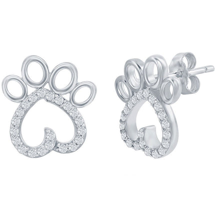 Classic Women's Earrings - Silver Paw Print White CZ Stud Post Back Closure | D-7925 ,