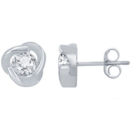 Classic Women's Earrings - Silver Round CZ Love Knot Stud Post Back Closure | D-7968 ,