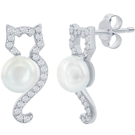 Classic Women's Earrings - White CZ Cat with Round Pearl Post Back Closure | D-7972 ,