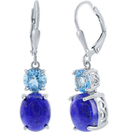 Classic Women's Earrings - Sterling Silver Oval Lapis and Round Blue Topaz | D-8112 ,