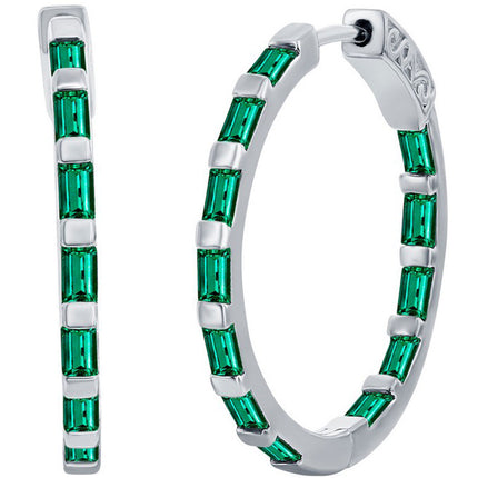 Classic Women's Earrings - Sterling Silver Emerald CZ Baguette CZ 25mm Hoop | D-8202 ,