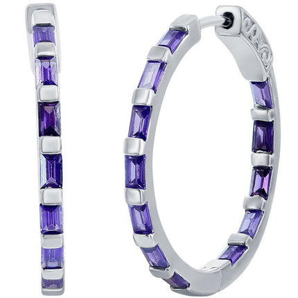 Classic Women's Earrings - Sterling Silver Amethyst CZ Baguette 25mm Hoop | D-8203 ,