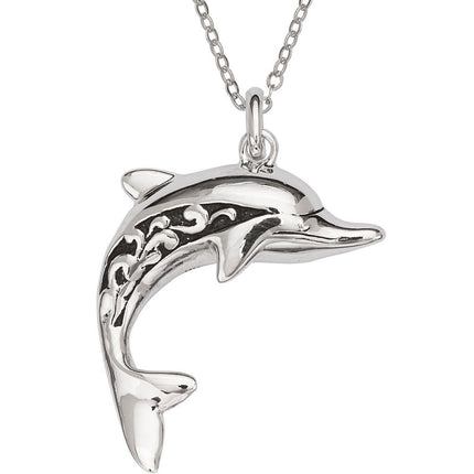 Classic Unisex Pendant with Chain - Sterling Silver Fancy Oxidized Dolphin | J-2548 ,