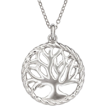Classic Unisex Pendant with Chain - Silver Open Rope Style Circle with Tree | J-2553 ,