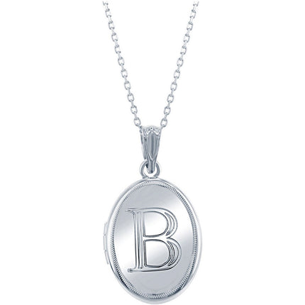 Classic Women's Locket with Chain - Silver Shiny Oval with Center B Initial | J-2639 ,