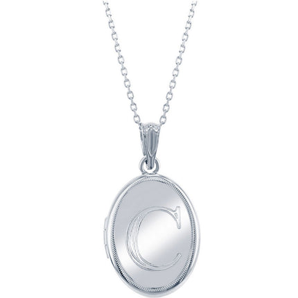 Classic Women's Locket with Chain - Silver Shiny Oval with Center C Initial | J-2640 ,