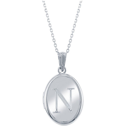 Classic Women's Locket with Chain - Silver Shiny Oval with Center N Initial | J-2650 ,