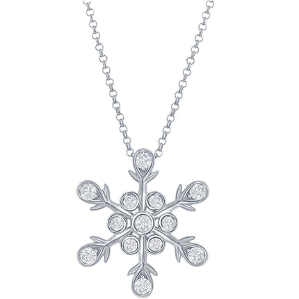 Classic Women's Pendant with Chain - Sterling Silver Snowflake Shape White CZ | K-3813 ,