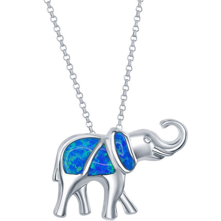 Women's Pendant with Chain - Sterling Silver Blue Inlay Opal Elephant | K-6210 ,