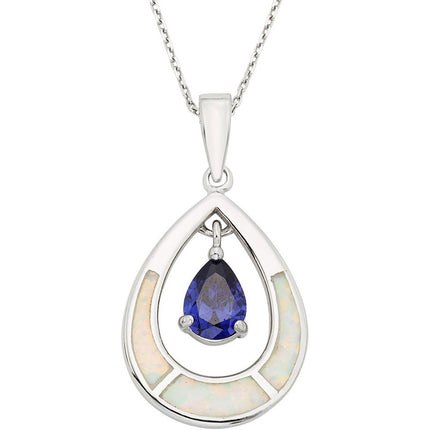 Women's Pendant with Chain - White Inlay Opal Oval with Teardrop CZ | K-6744 ,