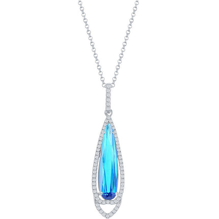 Classic Women's Pendant with Chain - Long Teardrop Shape Bright Blue CZ Stone | K-6960 ,