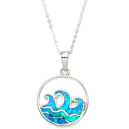 Women's Pendant with Chain - Open Circle with Blue Inlay Opal Waves | K-6997 ,