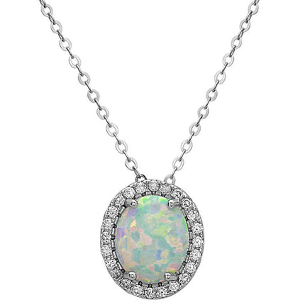 Women's Pendant - Sterling Silver White Inlay Oval with CZ Border | K-7162 ,