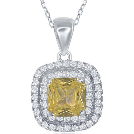 Classic Women's Pendant - Sterling Silver Center Yellow CZ with CZ Border | K-7943 ,