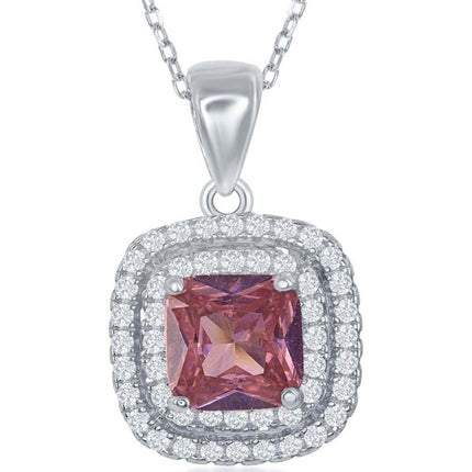 Classic Women's Pendant - Sterling Silver Center Pink CZ with CZ Border | K-7944 ,