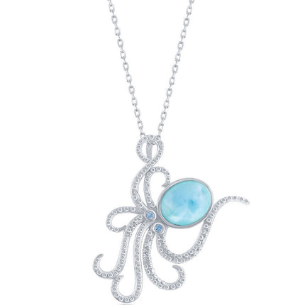Women's Pendant - Silver Octopus Larimar and Blue CZ | K-8293 ,