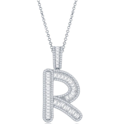 Classic Women's Pendant - Sterling Silver Baguette CZ Extra Large R Initial | K-8514 ,