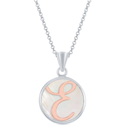 Classic Women's Pendant - Sterling Silver MOP and Rose Gold E Script Initial | K-8606 ,