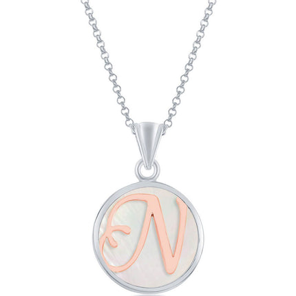 Classic Women's Pendant - Sterling Silver MOP and Rose Gold N Script Initial | K-8616 ,