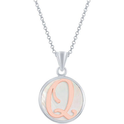 Classic Women's Pendant - Sterling Silver MOP and Rose Gold Q Script Initial | K-8619 ,
