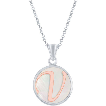 Classic Women's Pendant - Sterling Silver MOP and Rose Gold V Script Initial | K-8624 ,