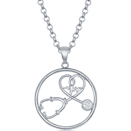 Classic Women's Pendant - Sterling Silver White CZ Stethoscope Heartbeat | K-8678 ,