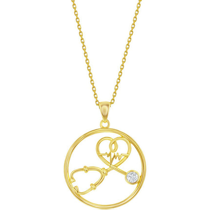 Classic Women's Pendant - Sterling Silver Gold CZ Stethoscope Heartbeat | K-8678-GP ,