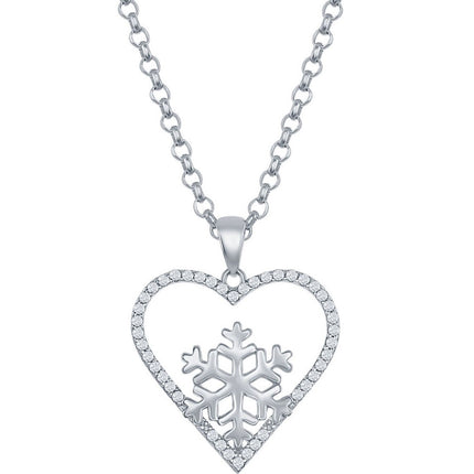 Classic Women's Pendant - Sterling Silver White CZ Heart Snowflake Design | K-8679 ,