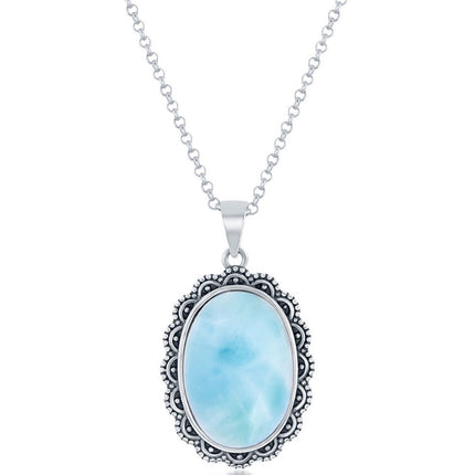 Women's Pendant - Oval Larimar Filigree Design Oxidized | K-8688 ,